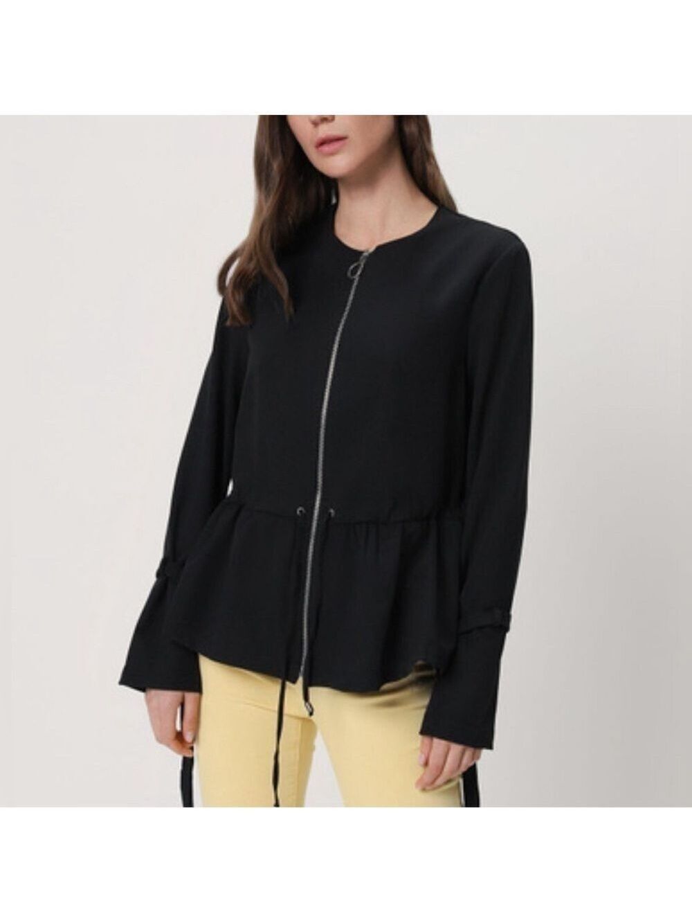 STRADIVARIUS Front Zip Cardigan drawstring Peplum hem & Ties at cuffs Small